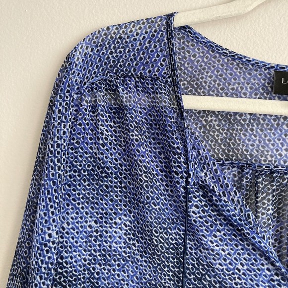 Lane Bryant Womens Plus Blue Black Dot Sheer Blouse Top Shirt Size 18/20 Tassels - Picture 2 of 12